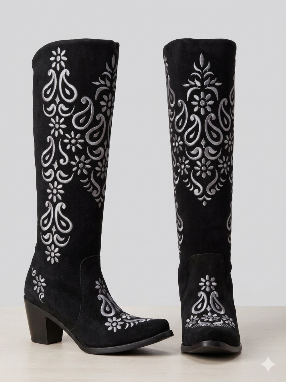 Agave Sky Margarita Black Knee-High Boots with Silver Embroidered Floral Design